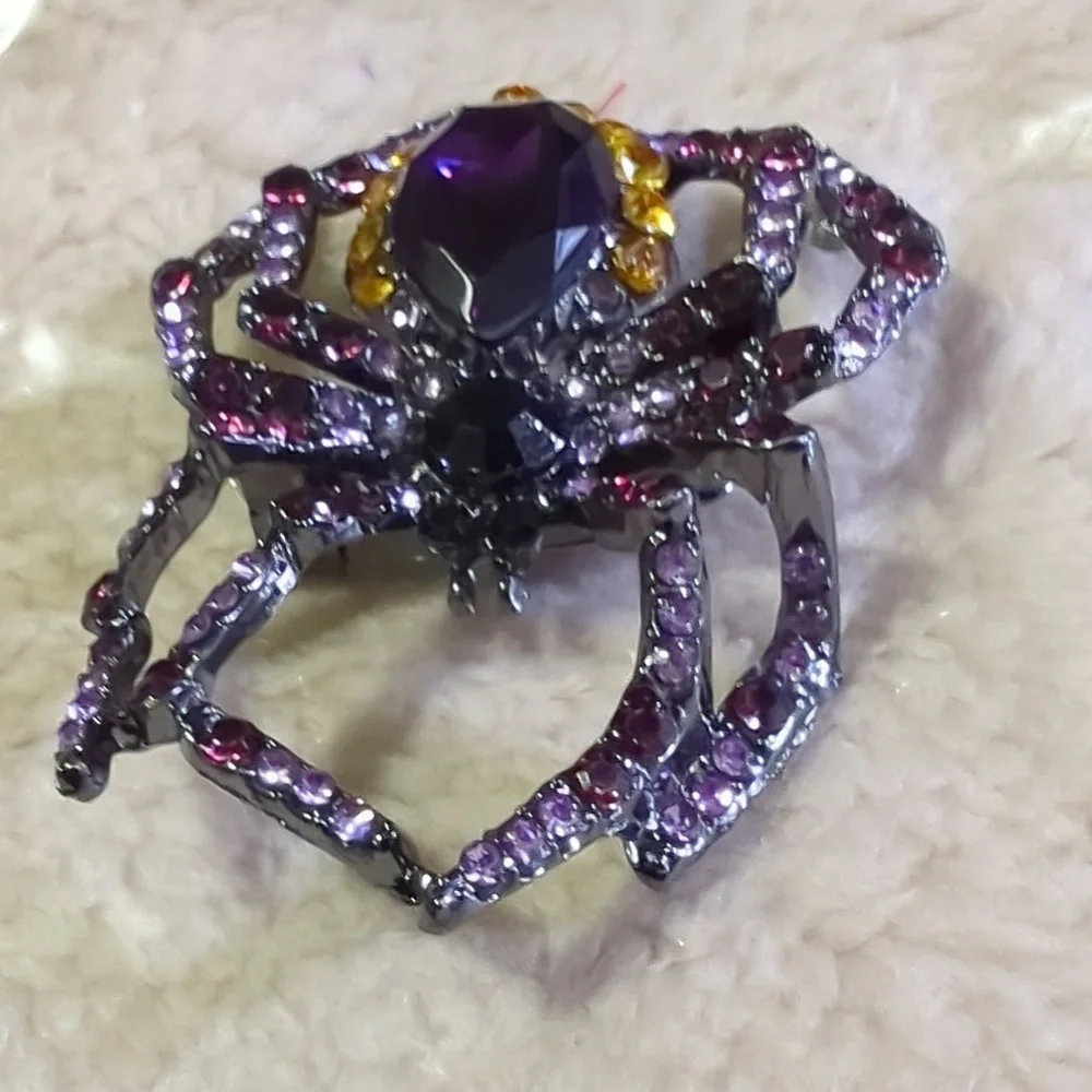 Elegant Jeweled Spider Rhinestone Brooch Purple & Gold Stones Vintage